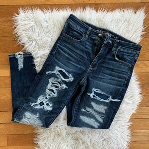American Eagle Outfitters Women's Ripped Dark Blue Hi Rise Jeggings